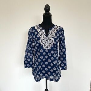 Talbots V-Neck Sheer 3/4 Sleeve Blue Top